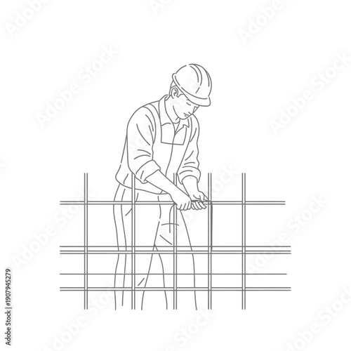 Steel fixer tying metal rebar mesh for concrete reinforcement