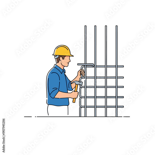Steel fixer worker assembling rebar frame with hammer