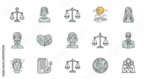Collection of Icons Representing Justice and Fairness.