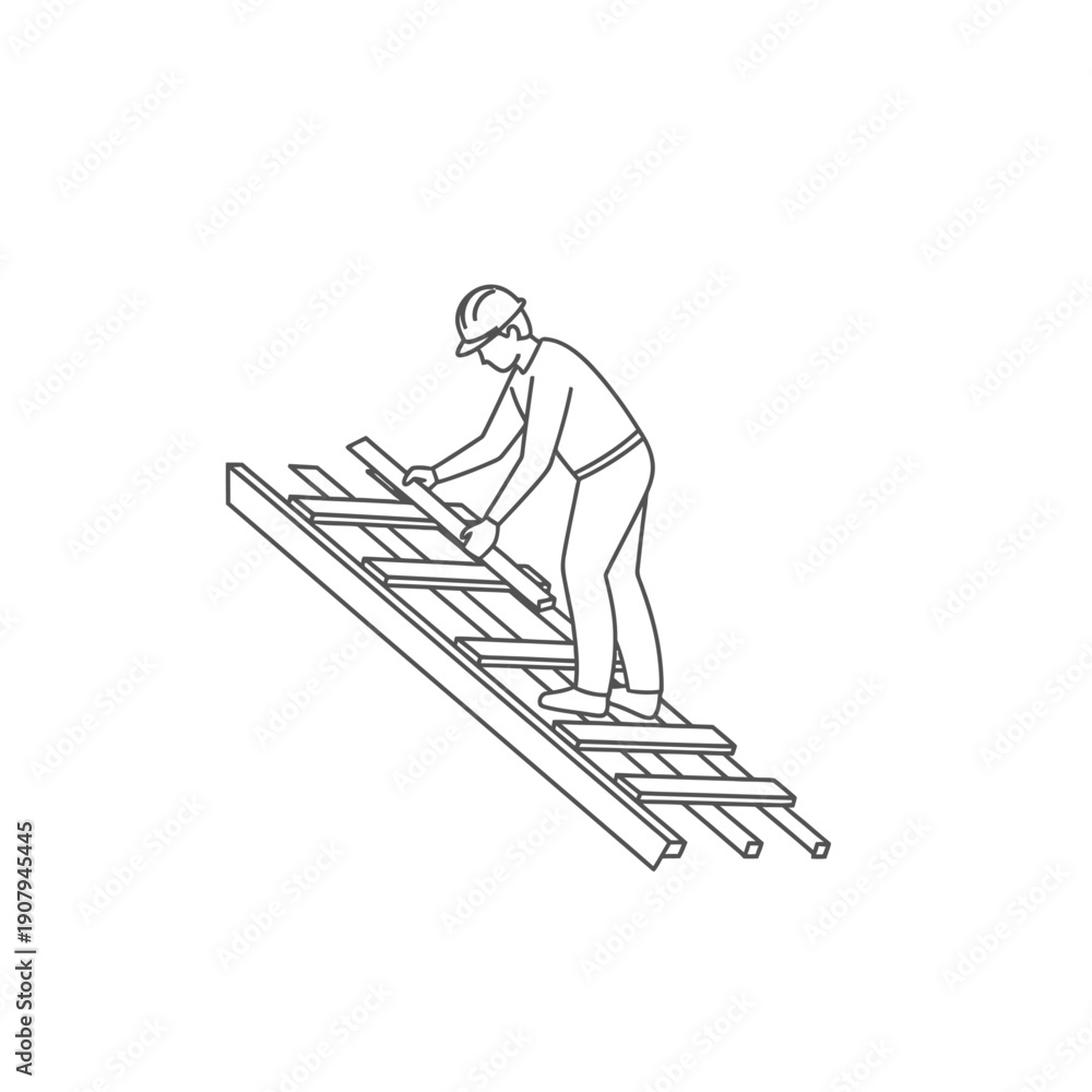 Obraz premium Technician climbing wooden scaffold structure for maintenance work