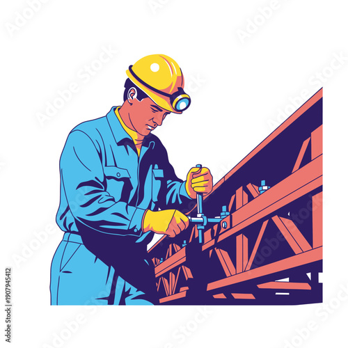 Structural worker tightening bolts on metal beam with wrench