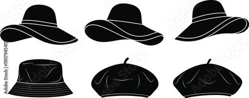 Black silhouette women summer hats collection featuring floppy sun hat bucket hat beret fashion accessory set isolated vector
