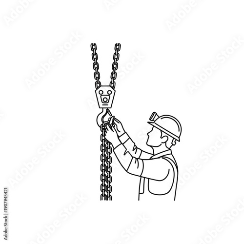 Technician adjusting heavy chain hoist mechanism line art