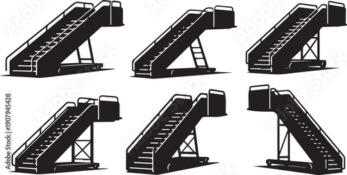 Various Escalator Designs in Black and White Illustrations