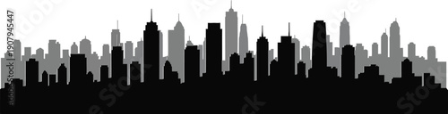 City skyline with tall buildings and skyscrapers in gray and black silhouette against white background