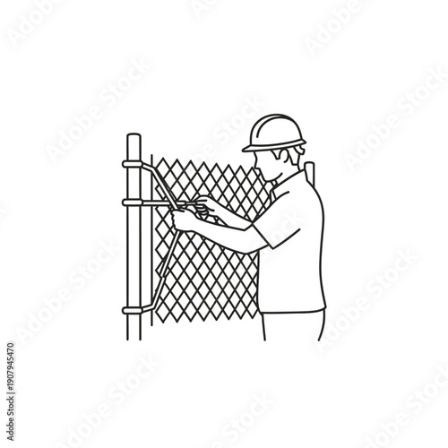 Technician installing chain link fence security perimeter line art