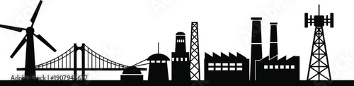 Cityscape with industrial buildings wind turbine and communication tower on white background