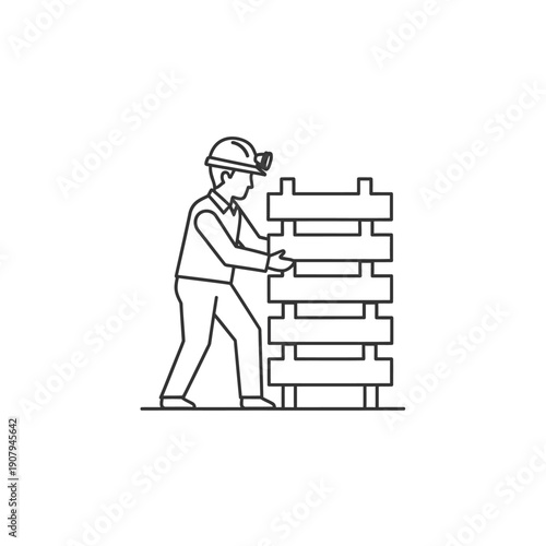 Timbering miner stacking wooden supports for tunnel reinforcement