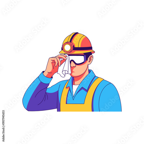 Tired construction worker wiping sweat from face after hard labor