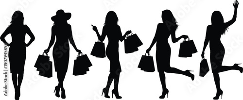 Fashionable women shopping silhouette illustration, female shoppers holding bags, stylish poses, retail lifestyle concept isolated on white