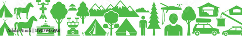 Collection of green icons depicting outdoor activities and nature  various symbols in a row