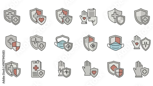 Collection of healthcare protection and safety icons.