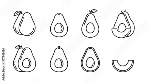 Avocado Icons Set: Whole, Halved, Sliced, and Seed Detail - Vector Line Art