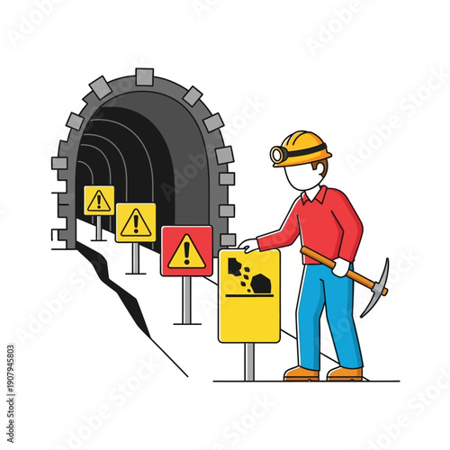 Underground miner with pickaxe standing near dangerous tunnel entrance