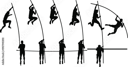 Pole vault athlete silhouette sequence, track and field sports action, dynamic jumping motion illustration isolated on white background