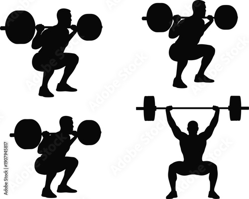weightlifting,silhouette,barbell,squat,clean,jerk,crossfit,fitness,training,athlete,strength,gym,exercise,powerlifting,workout,bodybuilding,sport,vector,illustration,isolated