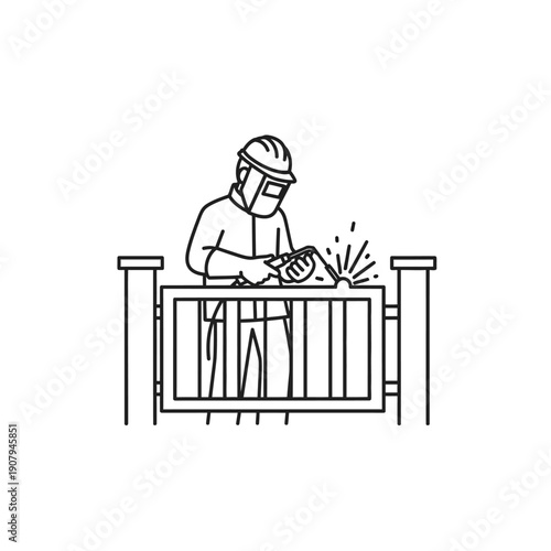 Welder working on a metal fence railing line art