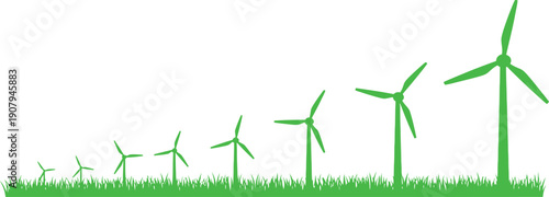 Green silhouette illustration of wind turbines in a row on grassy field  renewable energy concept