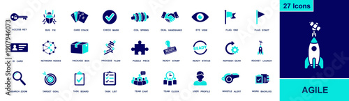 Agile icon set. Containing backlog, task board, sprint planning, bug fix, process flow, check mark, ready status, team chat, goal target, refresh gear, and more. Solid fill icons collection.