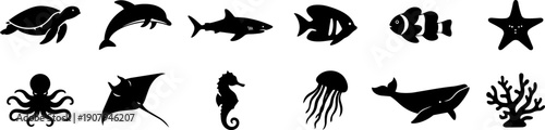 Marine Life and Ocean Creatures Icons Set – 12 Black Silhouette Underwater Animals