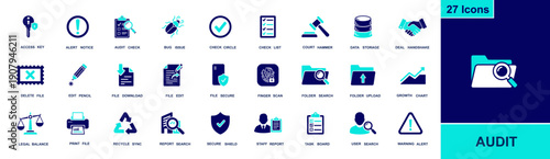Audit icon set. Containing checklist, compliance, report, file secure, biometric scan, legal scale, gavel, data storage, alert, download, upload and more. Solid fill vector icons collection.