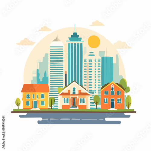 Flat design vector illustration of a cityscape with suburban homes and downtown skyscrapers