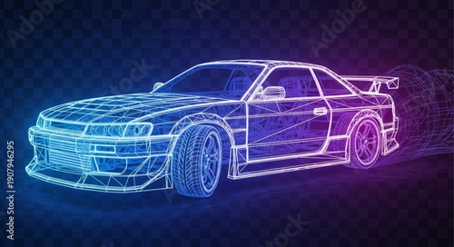 Neon Sports Car Wireframe Design.
