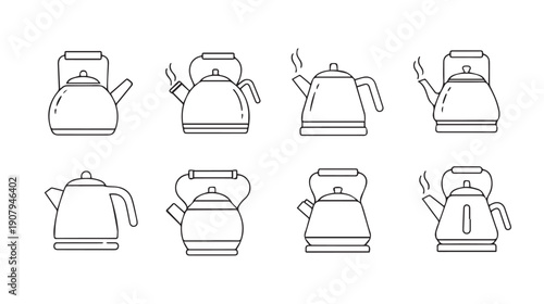 Collection of Kettle Icons with Steam, Line Art Style