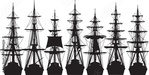 Silhouette of multiple sailing ships on the ocean horizon