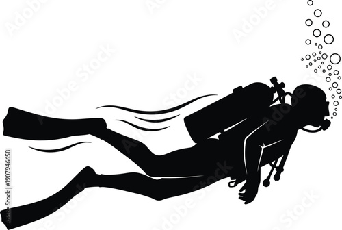 Scuba diver swimming underwater with bubbles coming out of mouth and regulator  scuba diving