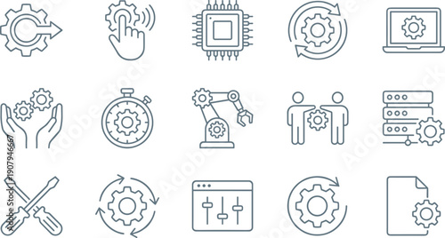 Automation, Engineering, and Technology Line Icons Set, Featuring Gear, CPU, Robotics, Maintenance, Settings, Process Flow, and Synchronization Symbols, Vector Outline.