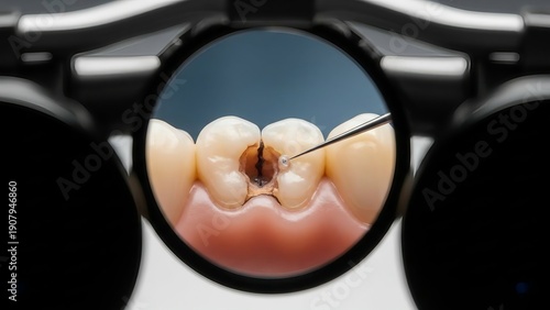 magnifying glass focusing on decayed cavity in molar tooth