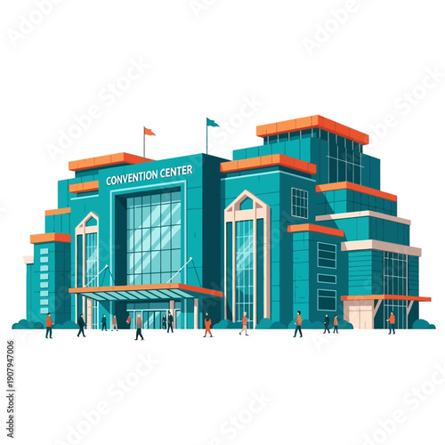 Teal and orange illustration of a modern convention center with people outside