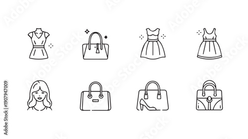 Fashion Icons: Woman, Dresses, Handbags, and Shoes Line Art Collection
