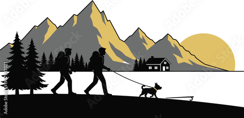 Silhouette of people walking with dog in front of mountains and house at sunset