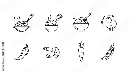 Food Icons: Rice Bowl, Shrimp, Chili, Carrot, Peas, Fried Egg, Cooking Utensils