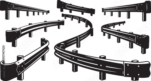 Various sections of railroad tracks on supports illustration set