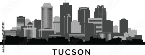 Tucson Arizona cityscape skyline illustration with various buildings and skyscrapers in grayscale