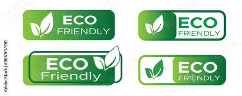 Collection of four green eco friendly badges and labels featuring leaf icons and text for sustainable product certification and environmental awareness concepts
