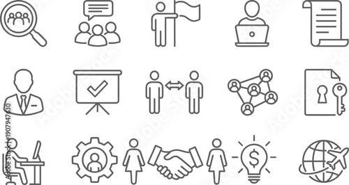 Business Management, Teamwork, and Partnership Line Icons Set, Featuring Recruitment, Strategy, Contract, Global Travel, Leadership, and Innovation Symbols, Vector Outline.