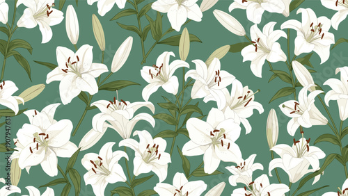 Elegant seamless pattern with blooming white lilies and buds on a dark teal green background for luxury home decor.