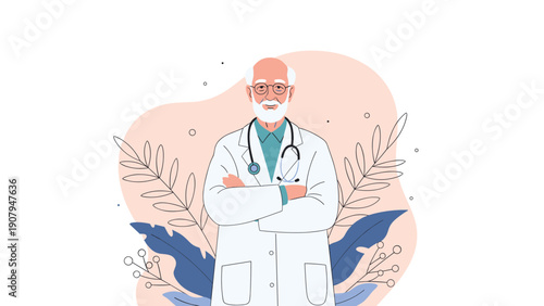 Friendly elderly male doctor wearing a white coat and stethoscope stands with arms crossed against a soft floral background.