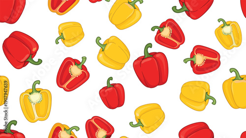 Seamless pattern featuring whole and sliced red and yellow bell peppers scattered over a white background for food design themes.