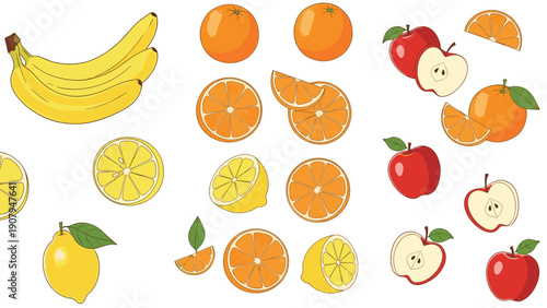 Variety of fresh fruit illustrations including bananas, oranges, apples, and lemons shown whole and in slices on a white background.