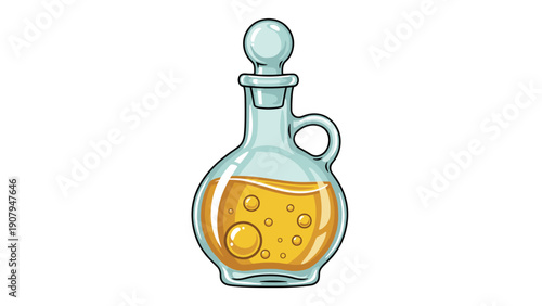 Elegant glass decanter containing golden olive or vegetable oil with bubbles isolated on a clean white background for culinary use.