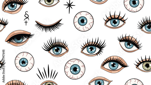 Whimsical seamless pattern featuring diverse blue human eyes with long black eyelashes on a clean white background for fashion prints.