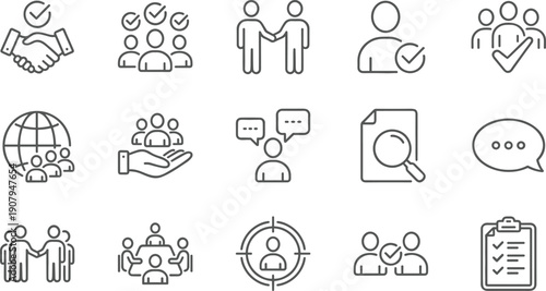 Business, Teamwork, and Partnership Line Icons Set, Featuring Handshake, Global Network, Target Audience, Recruitment, Meetings, and Verification Symbols, Vector Outline.