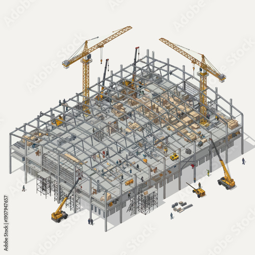 Construction Site with Cranes and Scaffolding.