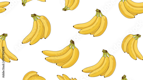 Vibrant seamless pattern composed of many yellow banana bunches scattered across a white background for fabric or wallpaper design.