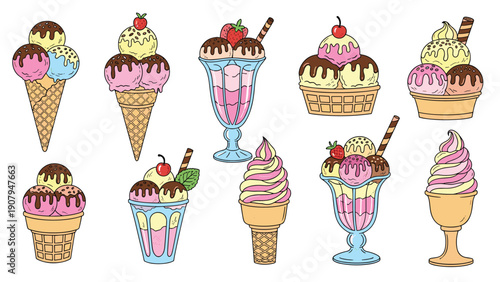 Extensive collection of various ice cream desserts including cones, sundaes, and bowls with different toppings on a white background.
